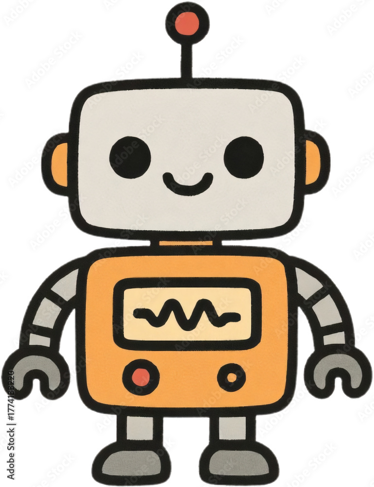 Naklejka premium A stylized robot vector drawn in black and white, with strong black outlines emphasizing its head, limbs, and body panels in a clean, tech inspired style. Cute smiling robot avatar icon.Generative AI