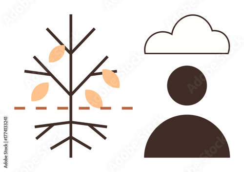 Tree with branching lines and falling leaves alongside a person under a cloud, symbolizing change, growth, introspection, decisions, connection with nature, weather, human emotion. Clean simple flat