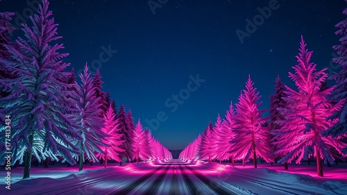 A captivating winter wonderland scene unfolds with vibrant magenta and purple lights illuminating snow covered trees beneath a deep blue star filled night sky landscape.