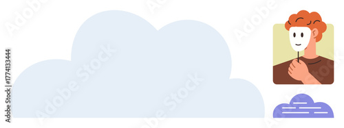 Person holding a mask beside a cloud icon, symbolizing self-discovery, transparency, personal growth, online persona, emotional clarity, individuality, and authenticity. A simple flat metaphor