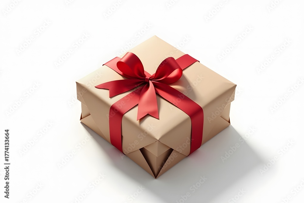 Fototapeta premium Kraft paper gift box with red ribbon on white
