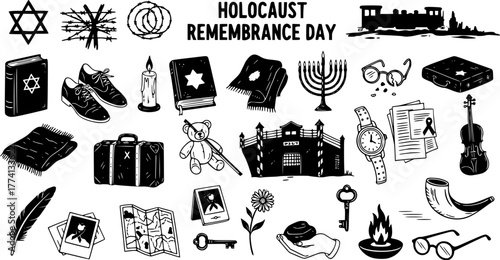 Hand-Drawn Doodle Set of Holocaust Remembrance Day Symbols and Memorial Elements on White Background - Vector Illustration for Commemoration and Education