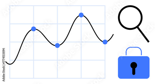 Line chart with data points on a grid, magnifier symbol analyzing trends, secure lock for data privacy. Ideal for analytics, security, business strategy, research, statistics, trend monitoring