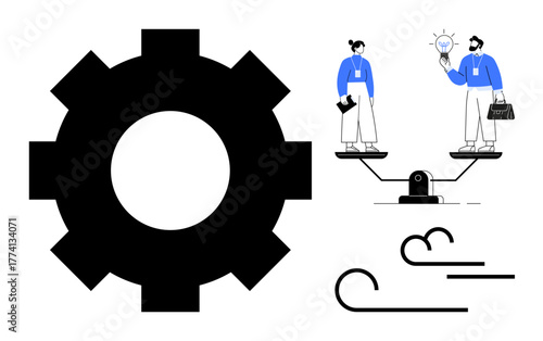 Mechanical gear beside professional duo balancing ideas and business tasks, floating elements, and conceptual wind. Ideal for teamwork, innovation, productivity, strategy, collaboration, balance