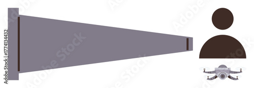 Telescope extending towards silhouette of person alongside camera quadcopter. Ideal for exploration, innovation, observation, technology, discovery, surveillance, creativity, simple flat metaphor