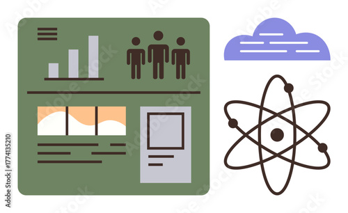 Dashboard highlighting analytics with graphs, user icons, and text areas. Atom for science and cloud for technology. Ideal for science, technology, education, teamwork, innovation research data