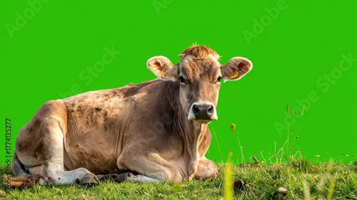 Realistic Brown Cow Sitting on Grassy Ground with Solid Green Screen Background, Perfect for Compositing