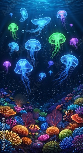 Fototapeta Naklejka Na Ścianę i Meble -  Vibrant Jellyfish Dance - An Underwater Symphony of Bioluminescence.