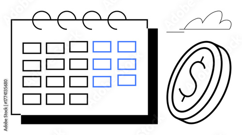Monthly calendar with highlighted dates next to a coin and cloud icon. Ideal for budgeting, scheduling, financial planning, time management, resource allocation, investment strategy, forecasting