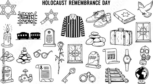 Holocaust Remembrance Day Icon Set: Symbolic Vector Illustrations