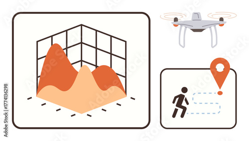 quadcopter flying above, 3D terrain chart, and a navigator icon with a route marker. Ideal for geospatial analysis, navigation, technology, Quadcopter delivery, cartography, topography
