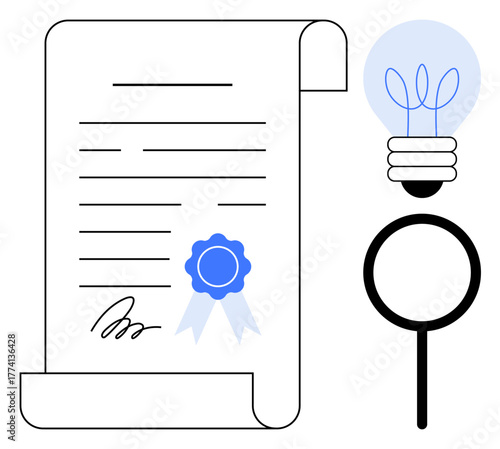 Document with seal, signature, magnifying glass for scrutiny, and lightbulb for creativity. Ideal for education, research, certification, innovation analysis achievement business. A simple flat