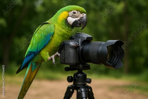 Colorful parrot perched on a camera tripod in studio, creative and funny concept of animal photographer idea.