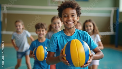 Children play volleyball in gym. Diverse group of kids smiles holding balls. Young boys and girls compete in indoor sport game. Fun active childhood, teamwork.