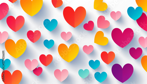 colorful layered hearts with shadows scattered on a simple light gray background.