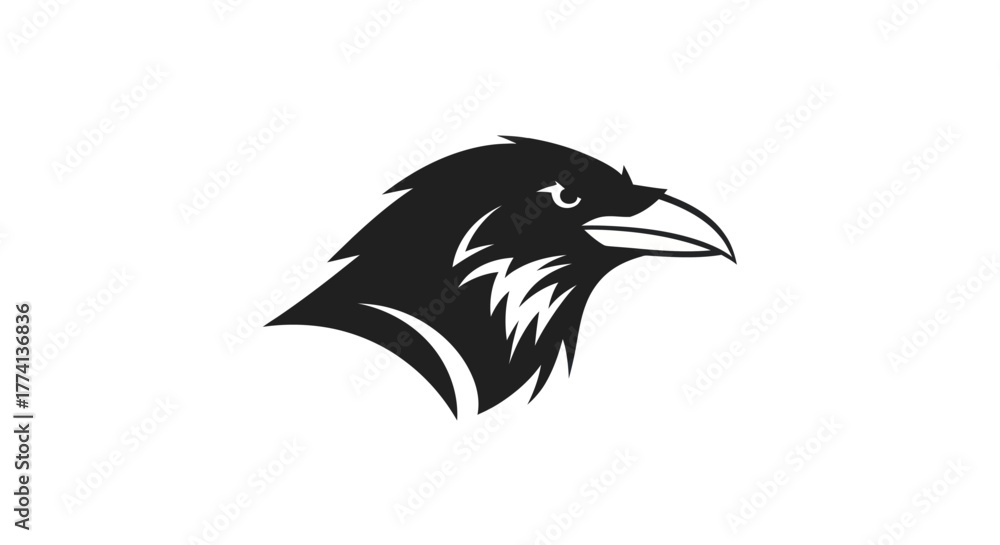 Obraz premium Black raven head silhouette illustration on white background