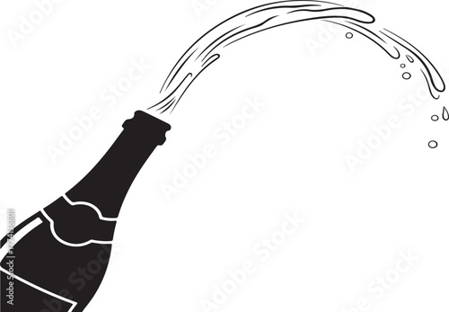 Black silhouette of champagne bottle pouring liquid splash on white background vector illustration