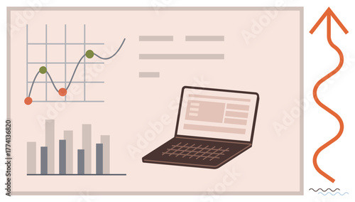 Trend graph, bar chart, and laptop with data interface alongside curved and straight growth arrows. Ideal for business, analytics, market research, progress, strategy finance performance. Simple