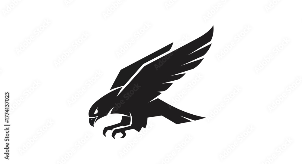Fototapeta premium Black silhouette of an eagle in flight against a clean white backdrop