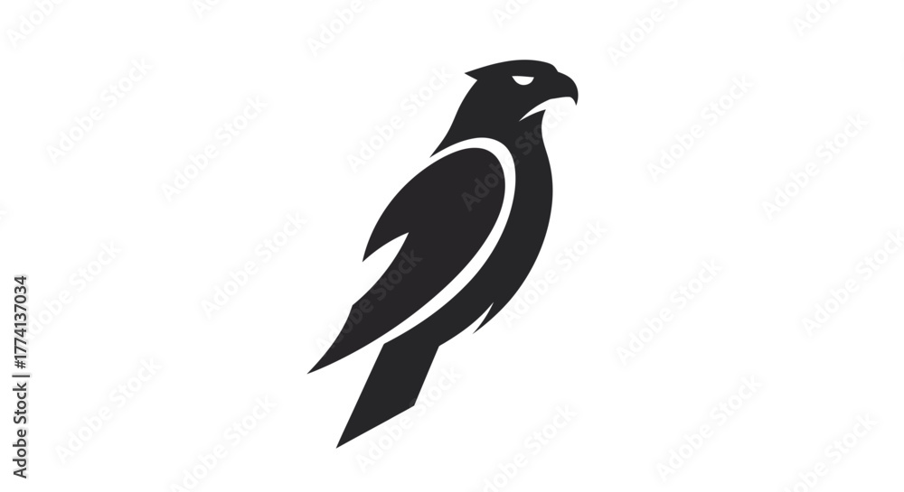 Fototapeta premium Black silhouette of hawk isolated on white background emblem design
