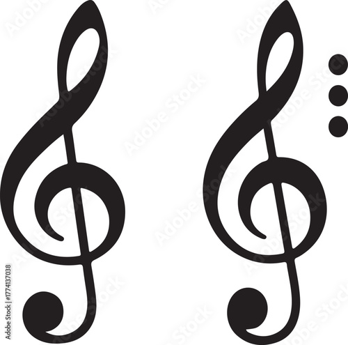 Two Treble Clefs and Three Dots on White Background Keywords: music, treble clef, symbol, icon, graphic