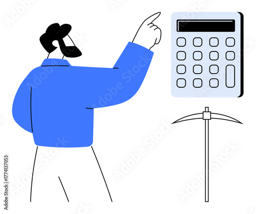 Person pointing at calculator with a pickaxe nearby suggesting financial strategies, resource management, and data-driven decisions. Ideal for economy, mining, budgeting, technology, fintech