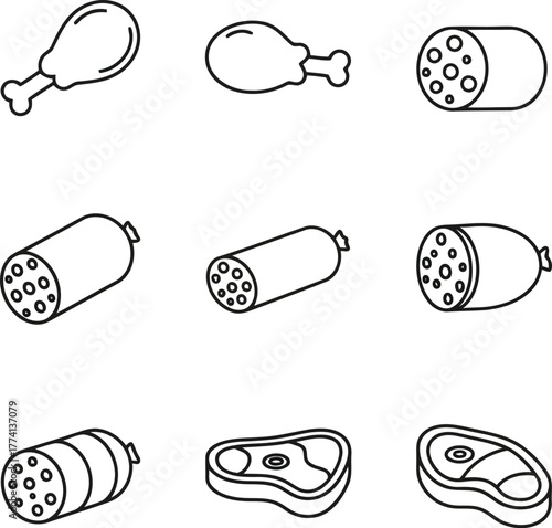 Hand drawn sausage meat steak and chicken drumstick food icons set collection vector