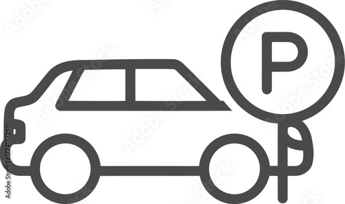 Simple line icon of a car with parking sign illustrating transport and automotive services vector