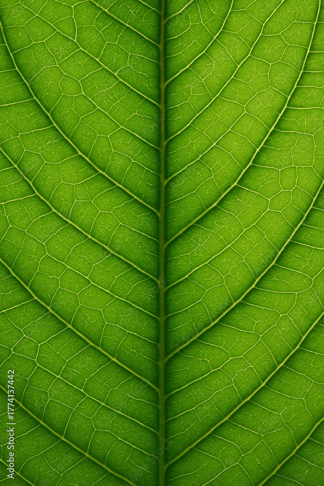 Obraz premium Close-up macro shot of a green leaf showing detailed veins and natural texture — perfect eco or nature background.