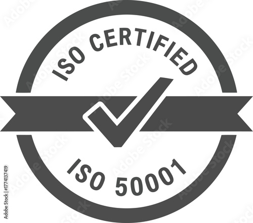 Iso 50001 certified stamp emblem with checkmark badge for energy management excellence vector