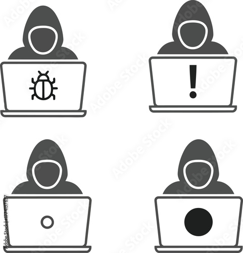 Cybersecurity hacker icons computer security threats digital crime hacking internet security data breach cyber attack vector