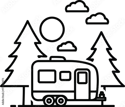 Outdoorsy camper van adventure in pine forest nature scene camping trip travel icon vector