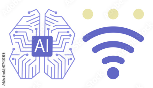 Circuit-based brain design labeled AI paired with a wireless icon. Ideal for innovation, technology, AI, machine learning, IoT, wireless communication, and connectivity. Simple flat metaphor