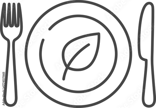 Minimalist line art icon of a plate with a leaf symbol fork and knife symbolizes healthy organic food vector