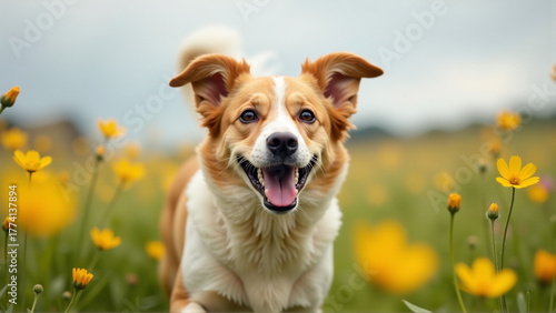 Fototapeta Naklejka Na Ścianę i Meble -  Close-up Joy: Expressive Dog Face in a Floral Swirl