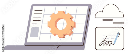 Laptop with gear on calendar-thumbs up interface, cloud icon, and e-signature panel. Ideal for productivity, technology, digital workflow, cloud computing, automation software business. Simple flat