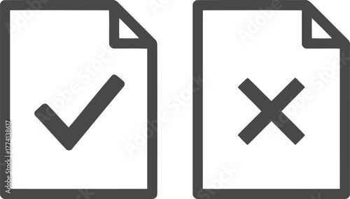 Document confirmation checkmark and cross mark symbols for approval and rejection decisions on paper sheets vector