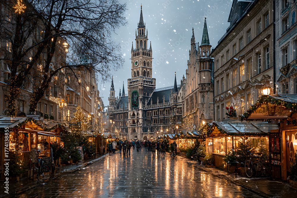 Fototapeta premium Münchner Christkindlmarkt auf dem Marienplatz, Bayern, Deutschland