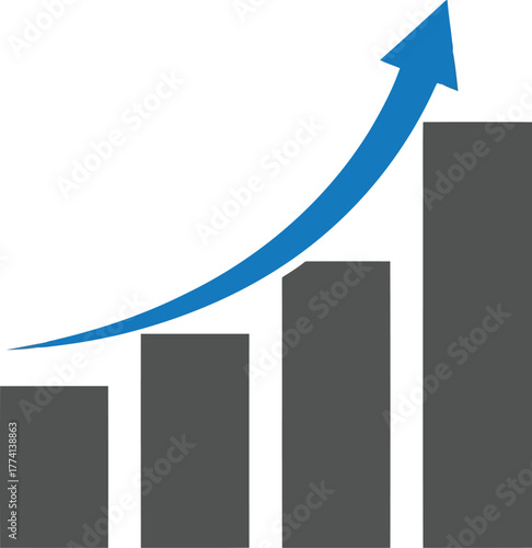 Upward trending bar chart graphic showing business growth and success with blue arrow icon vector