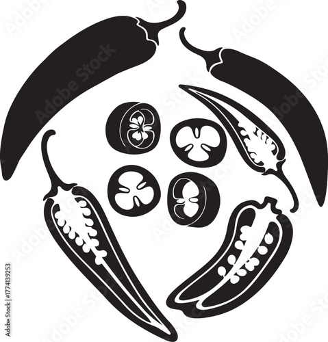 Black Silhouette of Chili Peppers Whole and Sliced in a Circle jalapeno spicy