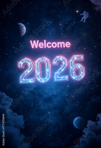 Futuristic Welcome 2026 text glowing in neon lights with cosmic background, stars, planets, and astronaut. Modern digital art celebrating New Year in a sci-fi outer space theme.