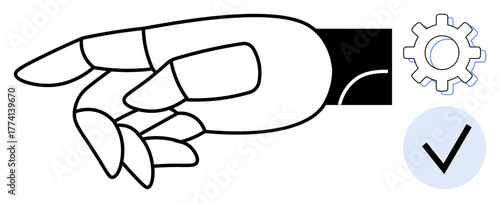 Robotic hand in gesture near gear icon and checkmark. Ideal for technology, robotics, innovation, efficiency, automation, artificial intelligence, futuristic design. Simple flat metaphor