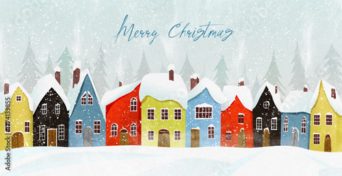 Art background with a snowy Christmas town or village. A vector banner with a festive winter landscape for banners, covers, cards, prints, and greetings.