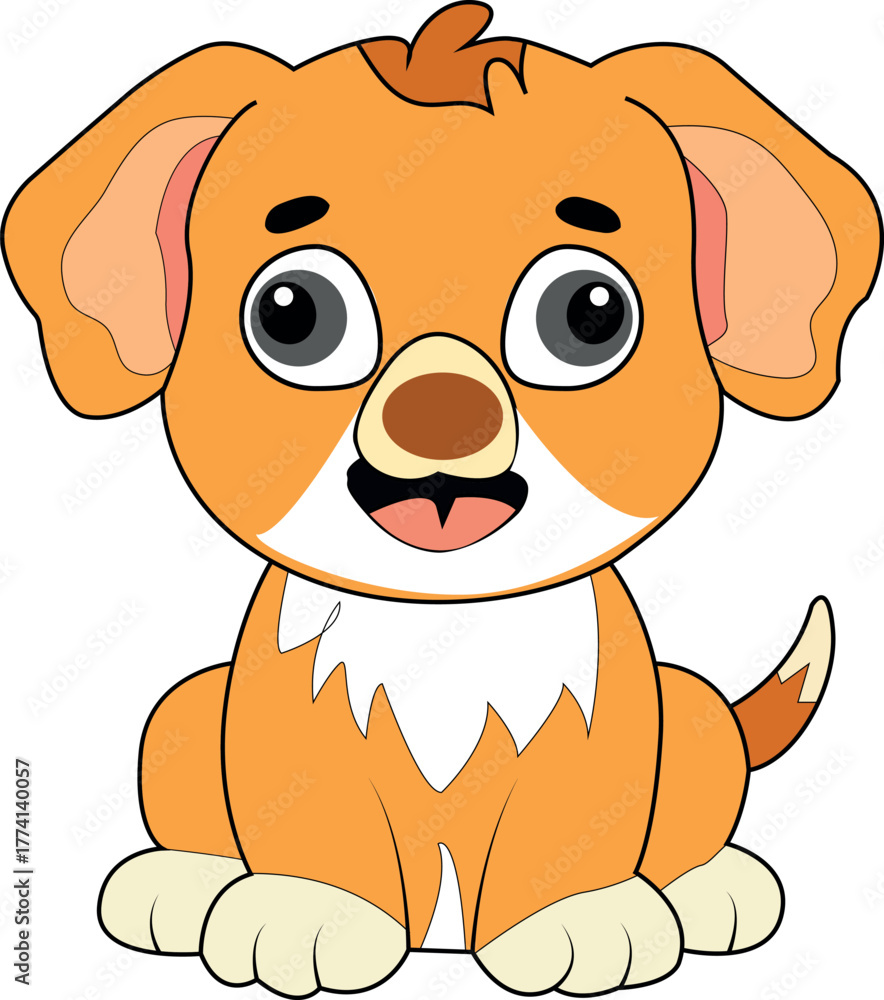 Fototapeta premium Cute cartoon puppy sitting illustration. Adorable smiling dog character. Funny baby pet animal art