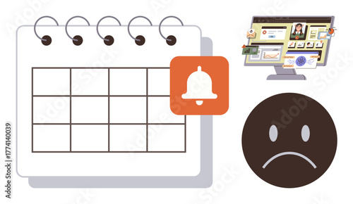 Calendar and red bell signifying reminder, computer screen with tasks and resources, dark sad face icon. Ideal for missed deadlines, procrastination, reminder systems, task management, scheduling