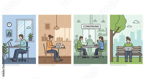 Four illustrations depicting various remote work scenarios, including a home office, cafe, coworking space, and outdoor park setting.