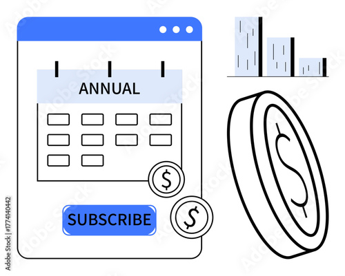 Calendar marked for annual subscription, dollar coins, and bar chart symbolizing monetary transactions, budgeting, savings, subscription services, e-commerce, profit, and growth in a simple flat