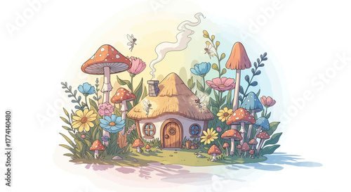 A cozy fairytale mushroom house surrounded by colorful flowers and plants in a magical forest. Whimsical fantasy cottage illustration with soft pastel colors, cute style, perfect for children’s books,