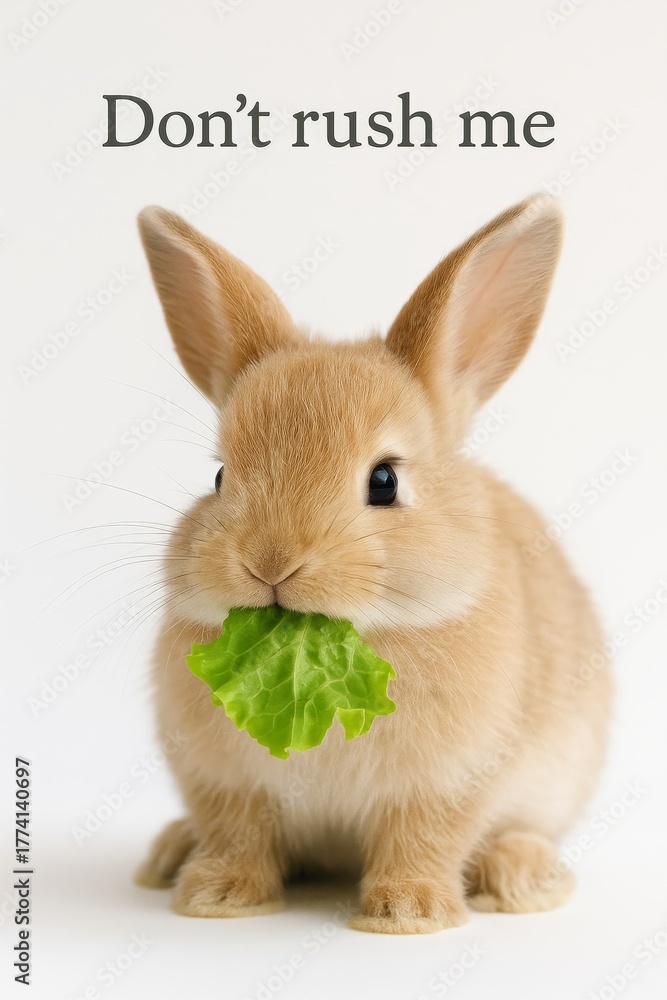 Obraz premium Adorable bunny eating lettuce with the quote “Don’t rush me,” perfect for cute animal or motivational designs.