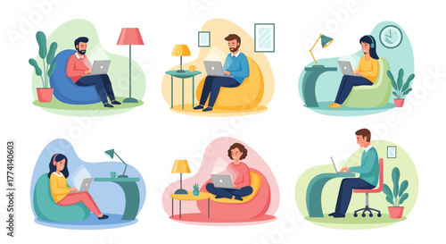 Diverse individuals working remotely on laptops in comfortable home office settings, illustrating modern work-life balance.